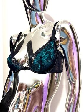 Agent Provocateur Teal Silk + Black Lace Underwire Bra - EU 36C